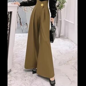 Elegant Olive- Brown High-Waisted Wide-Leg Pants